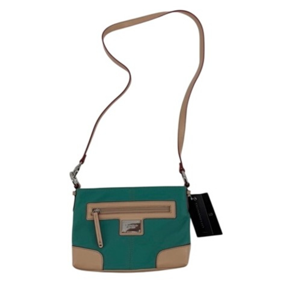 Tignanello Crossbody Bag Women Small Teal Leather Tan Trim New With Tags